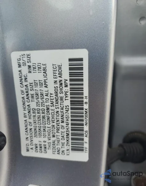 2015 Honda Cr-V Exl из США, поврежденный, VIN 2HKRM3H74FH517425